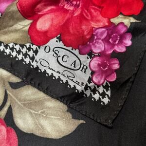 Vintage Oscar de la Renta silk scarf black red pink floral long rectangle drama